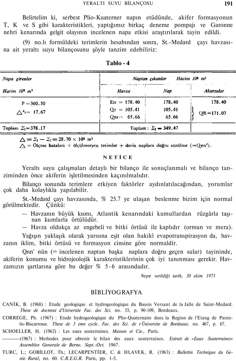 -Medard çayı havzasına ait yeraltı suyu bilançosunu şöyle tanzim edebiliriz: Tablo - 4 NETİCE Yeraltı suyu çalışmaları detaylı bir bilanço ile sonuçlanmalı ve bilanço tanziminden önce akiferin