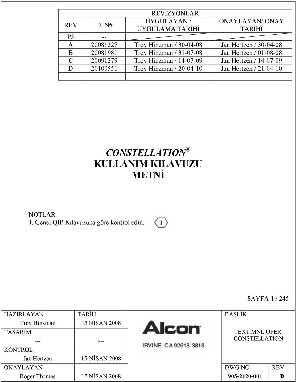 21-04-10 CONSTELLATION KULLANIM KILAVUZU METNİ NOTLAR: 1. Genel QIP Kılavuzuna göre kontrol edin.