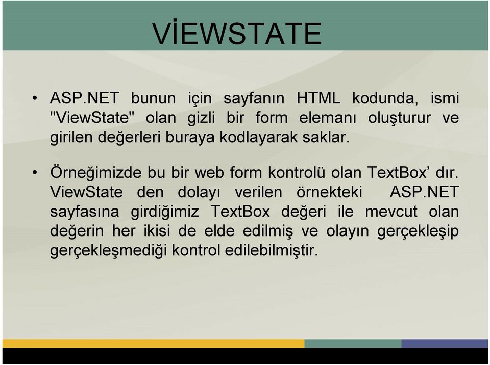 girilen değerleri buraya kodlayarak saklar. Örneğimizde bu bir web form kontrolü olan TextBox dır.