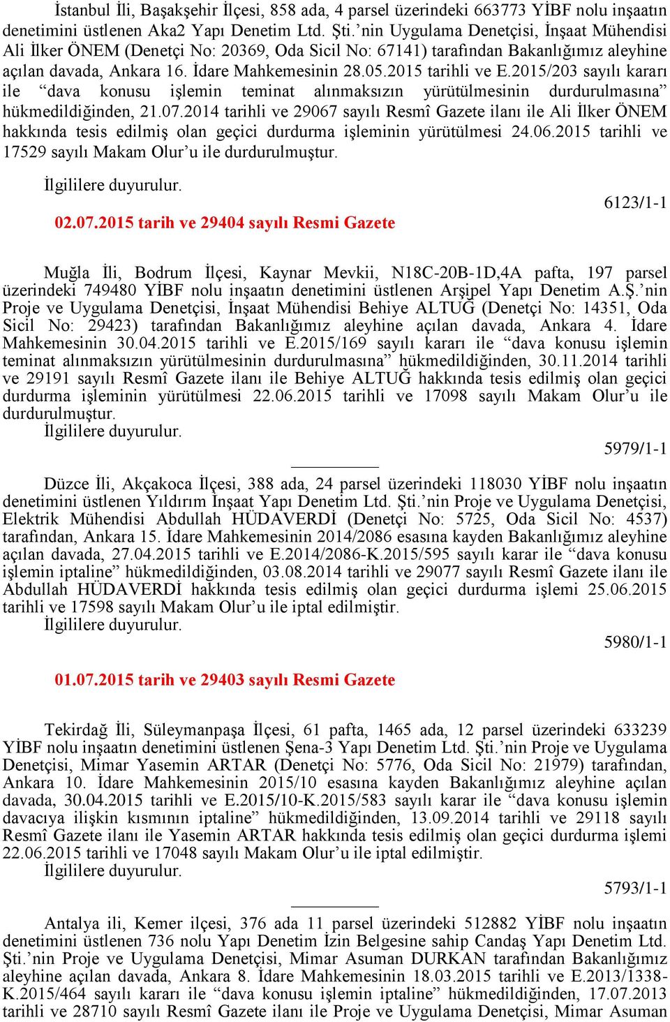 2015/203 sayılı kararı ile dava konusu işlemin teminat alınmaksızın yürütülmesinin durdurulmasına hükmedildiğinden, 21.07.