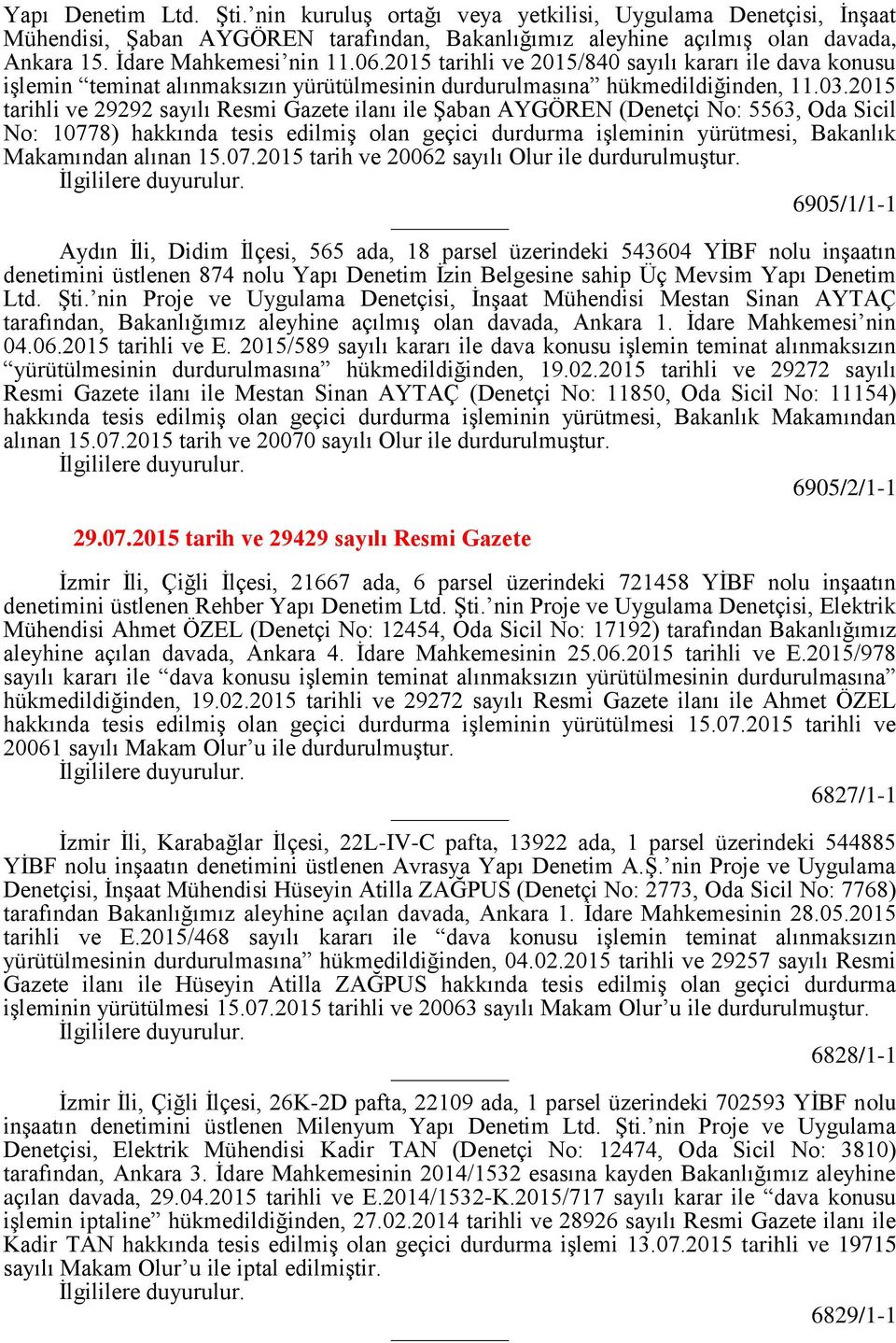 2015 tarihli ve 29292 sayılı Resmi Gazete ilanı ile Şaban AYGÖREN (Denetçi No: 5563, Oda Sicil No: 10778) hakkında tesis edilmiş olan geçici durdurma işleminin yürütmesi, Bakanlık Makamından alınan