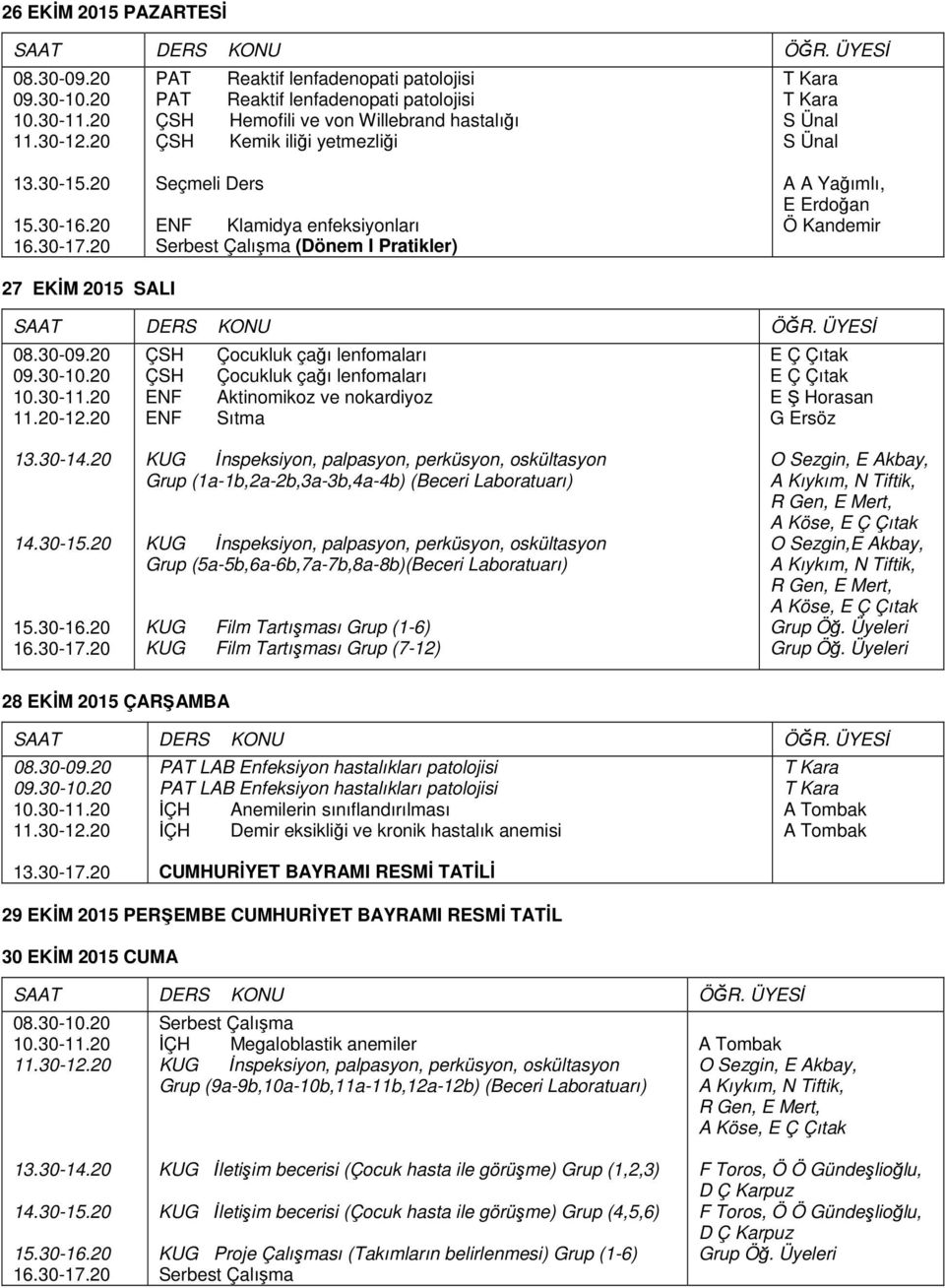 20 Çocukluk çağı lenfomaları Çocukluk çağı lenfomaları Aktinomikoz ve nokardiyoz Sıtma E Ç Çıtak E Ç Çıtak E Ş Horasan G Ersöz KUG İnspeksiyon, palpasyon, perküsyon, oskültasyon Grup