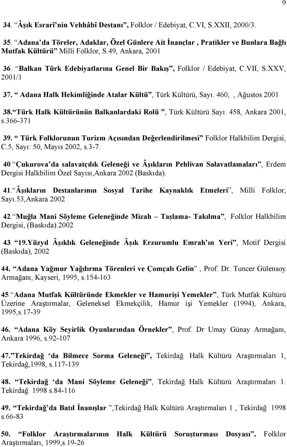 Türk Halk Kültürünün Balkanlardaki Rolü, Türk Kültürü Sayı. 458, Ankara 2001, s.366-371 39. Türk Folklorunun Turizm Açısından Değerlendirilmesi Folklor Halkbilim Dergisi, C.5, Sayı: 50, Mayıs 2002, s.