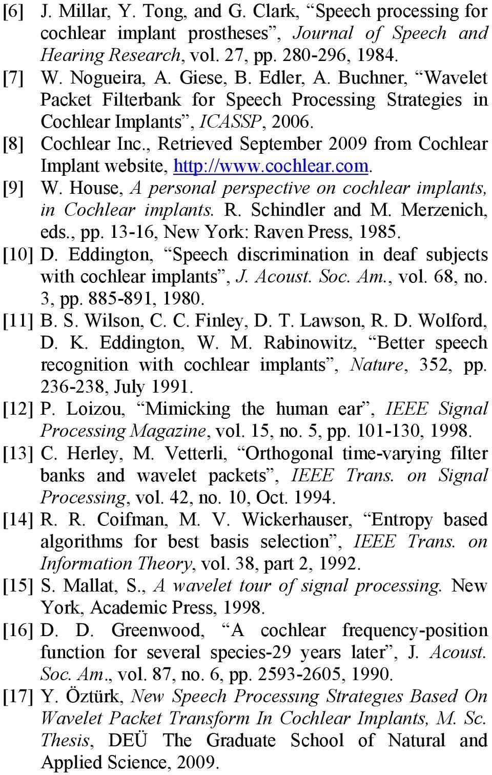 com. [9] W. House, A personal perspective on cochlear implants, in Cochlear implants. R. Schindler and M. Merzenich, eds., pp. 13-16, New York: Raven Press, 1985. [10] D.