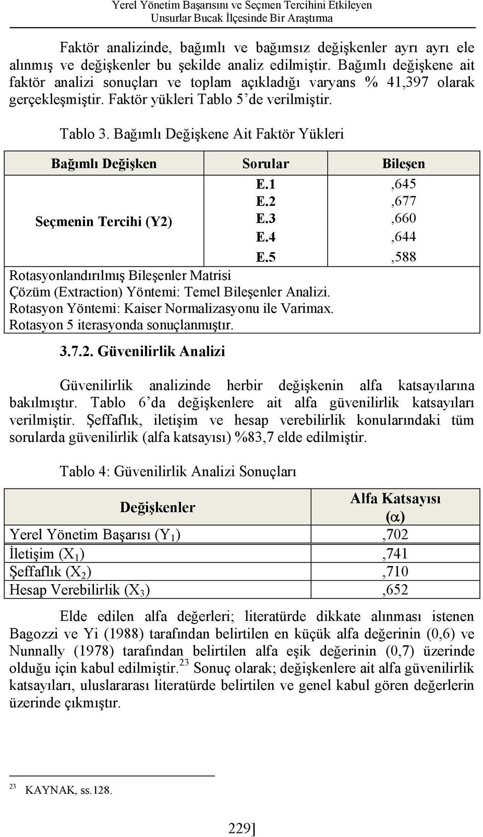 Bağımlı Değişkene Ait Faktör Yükleri Bağımlı Değişken Seçmenin Tercihi (Y2) Sorular E.1 E.2 E.3 E.4 E.5 Rotasyonlandırılmış Bileşenler Matrisi Çözüm (Extraction) Yöntemi: Temel Bileşenler Analizi.