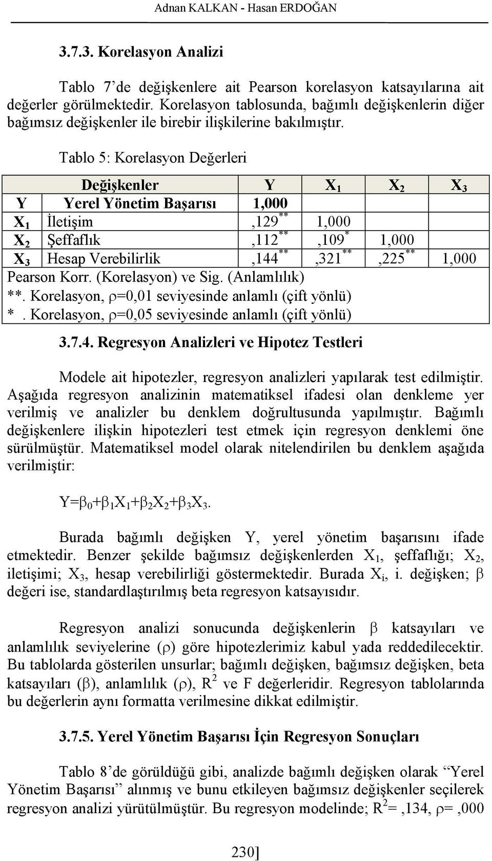 Tablo 5: Korelasyon Değerleri Değişkenler Y X1 Y Yerel Yönetim Başarısı 1,000,129** 1,000 X1 İletişim **,112,109* X2 Şeffaflık **,144,321** X3 Hesap Verebilirlik Pearson Korr. (Korelasyon) ve Sig.