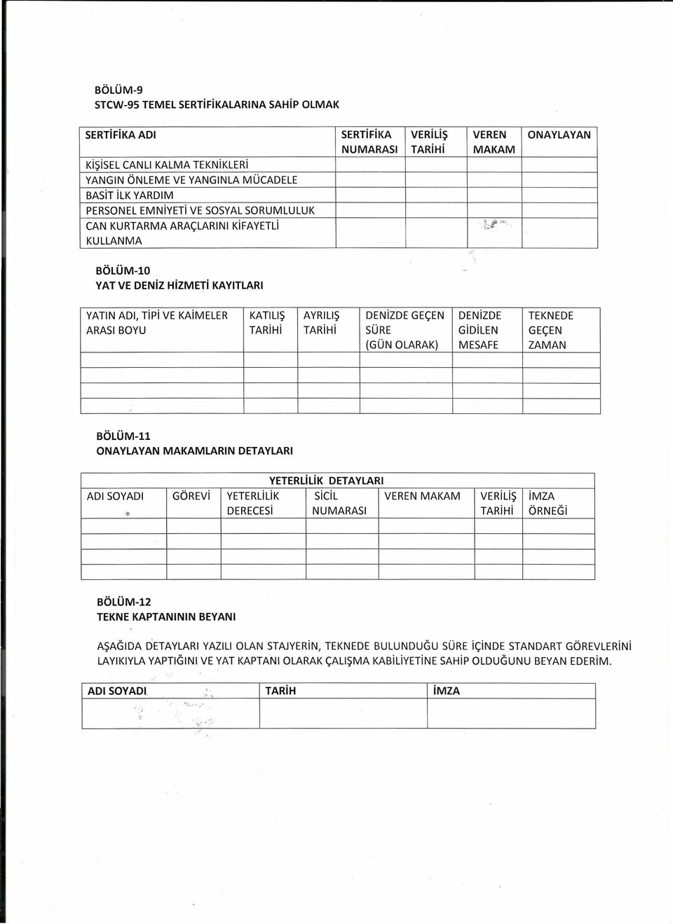 Lf'~ KULLANMA BÖLÜM-lO YAT VE DENiz HizMETi KAYıTLARı YATIN ADI, Tipi VE KAiMELER KATILIŞ AYRılıŞ DENizDE GEÇEN DENizDE TEKNEDE ARASI BOYU TARiHi TARiHi SÜRE GiDiLEN GEÇEN (GÜN OLARAK) MESAFE ZAMAN v