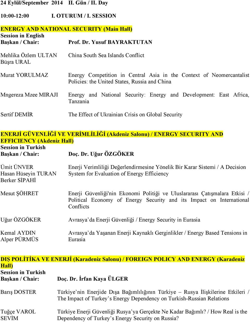 Policies: the United States, Russia and China Energy and National Security: Energy and Development: East Africa, Tanzania The Effect of Ukrainian Crisis on Global Security ENERJİ GÜVENLİĞİ VE