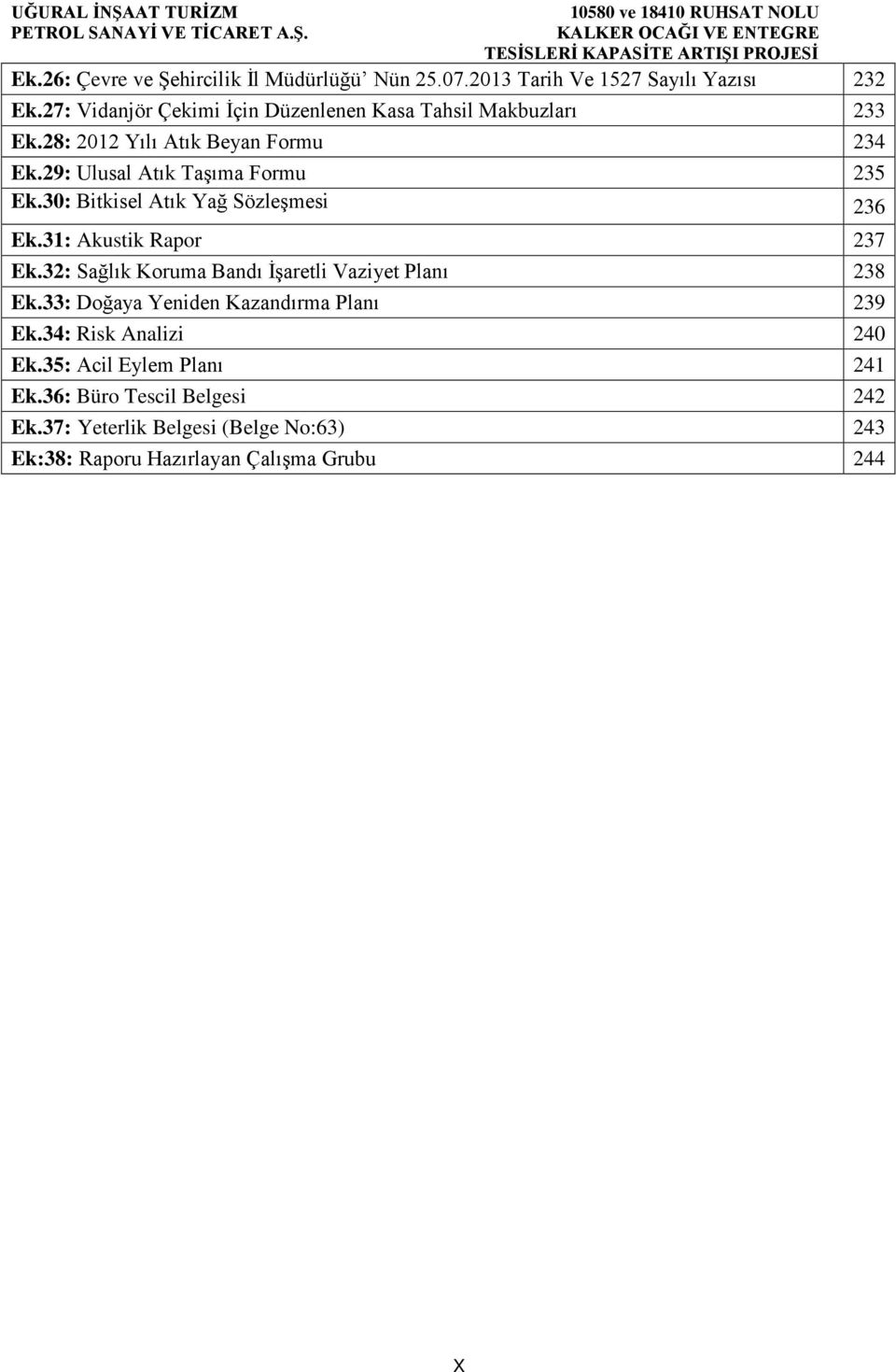 30: Bitkisel Atık Yağ Sözleşmesi 236 Ek.31: Akustik Rapor 237 Ek.32: Sağlık Koruma Bandı İşaretli Vaziyet Planı 238 Ek.