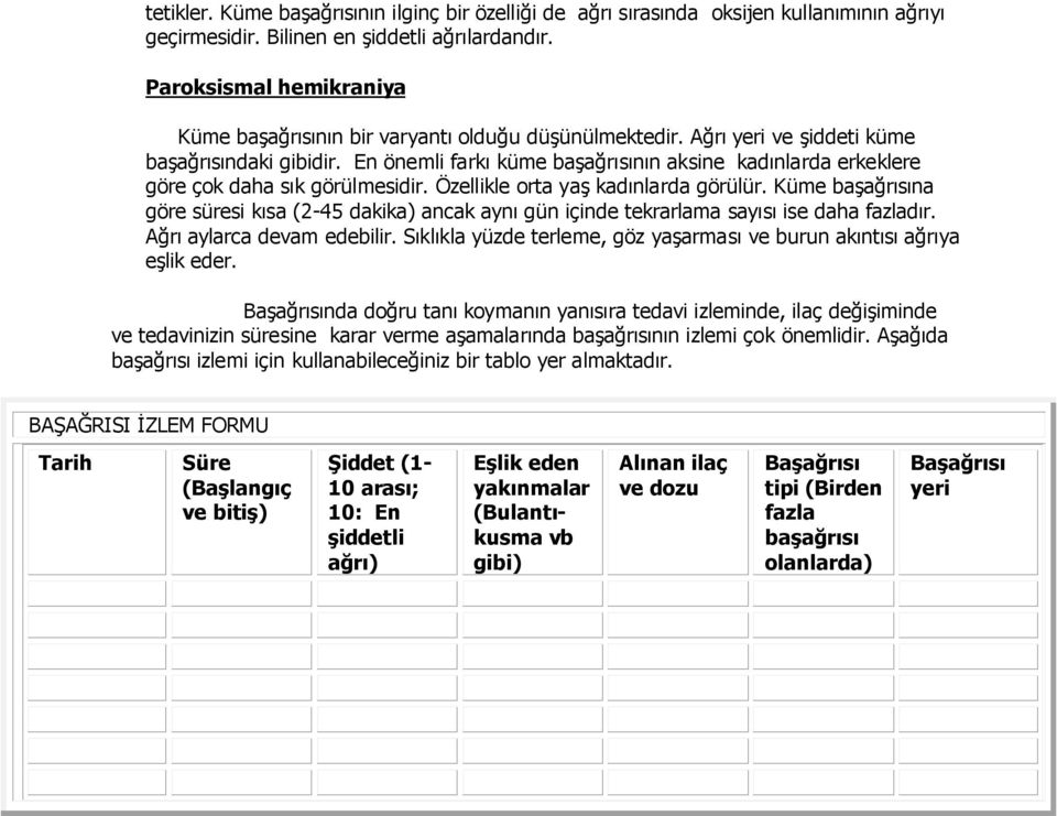 En önemli farkı küme başağrısının aksine kadınlarda erkeklere göre çok daha sık görülmesidir. Özellikle orta yaş kadınlarda görülür.