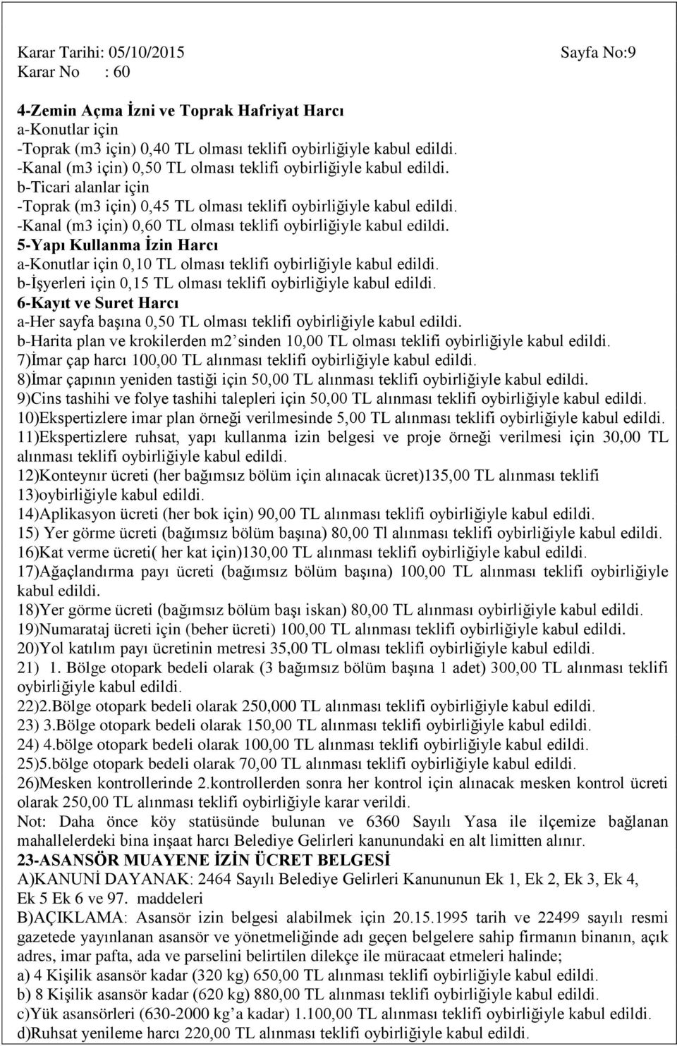 için 0,15 TL olması teklifi oybirliğiyle 6-Kayıt ve Suret Harcı a-her sayfa başına 0,50 TL olması teklifi oybirliğiyle b-harita plan ve krokilerden m2 sinden 10,00 TL olması teklifi oybirliğiyle