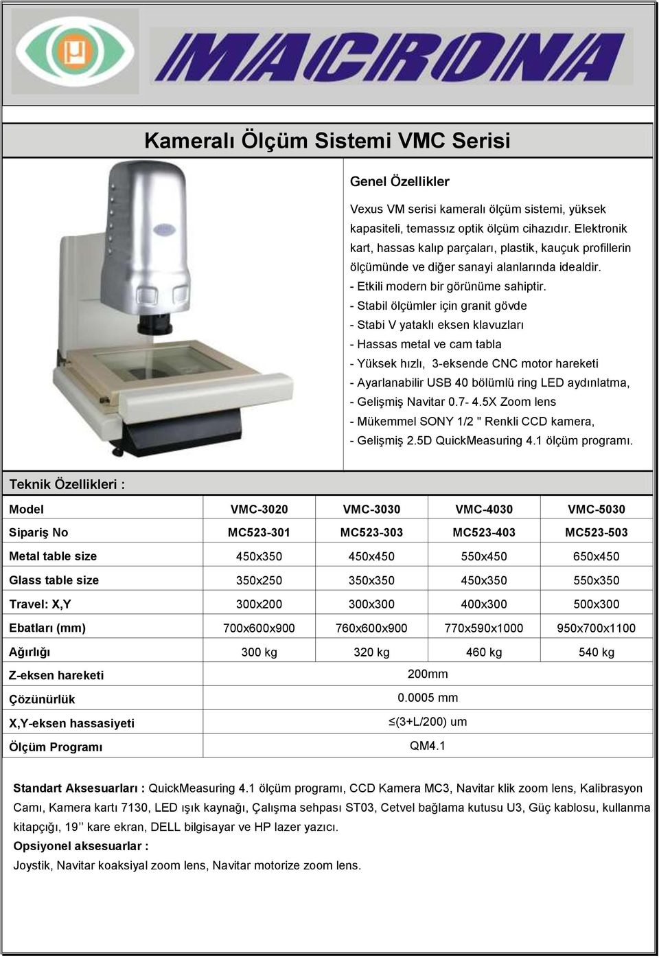 - Stabil ölçümler için granit gövde - Stabi V yataklı eksen klavuzları - Hassas metal ve cam tabla - Yüksek hızlı, 3-eksende CNC motor hareketi - Ayarlanabilir USB 40 bölümlü ring LED aydınlatma, -