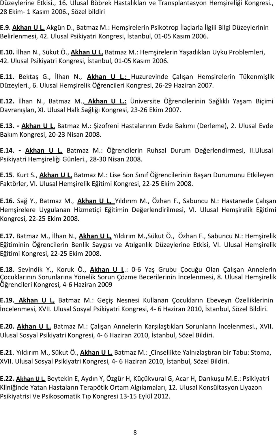 : Hemşirelerin Yaşadıkları Uyku Problemleri, 42. Ulusal Psikiyatri Kongresi, İstanbul, 01 05 Kasım 2006. E.11. Bektaş G., İlhan N., Akhan U L.: Huzurevinde Çalışan Hemşirelerin Tükenmişlik Düzeyleri.