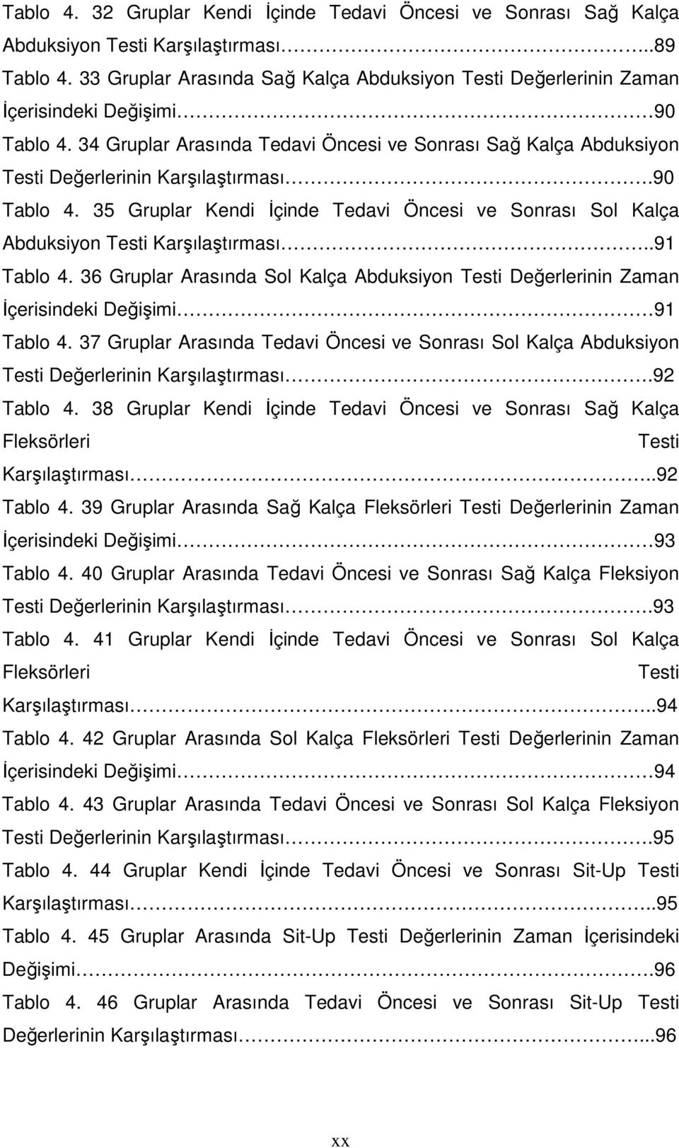 34 Gruplar Arasında Tedavi Öncesi ve Sonrası Sağ Kalça Abduksiyon Testi Değerlerinin Karşılaştırması.90 Tablo 4.