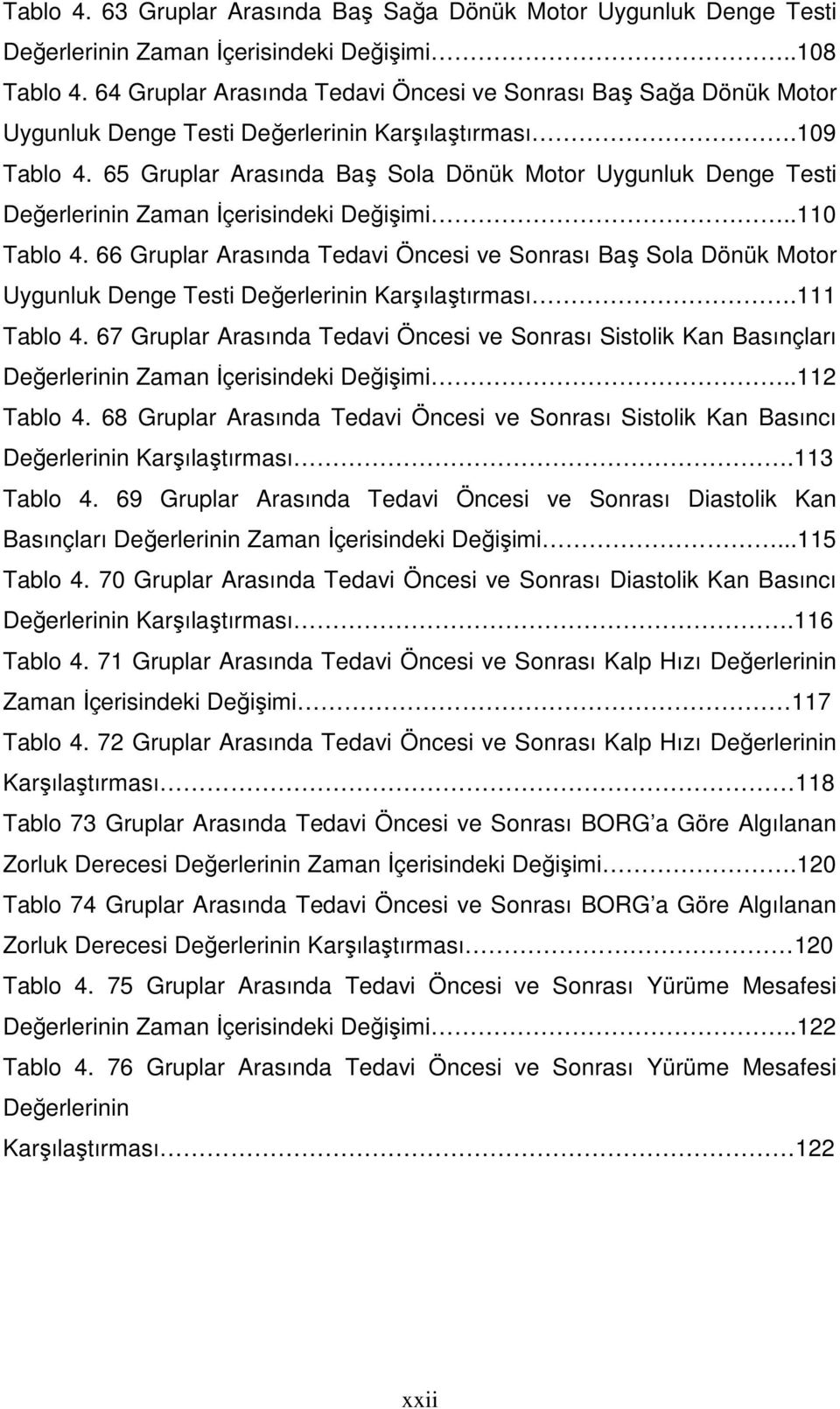 65 Gruplar Arasında Baş Sola Dönük Motor Uygunluk Denge Testi Değerlerinin Zaman Đçerisindeki Değişimi..110 Tablo 4.