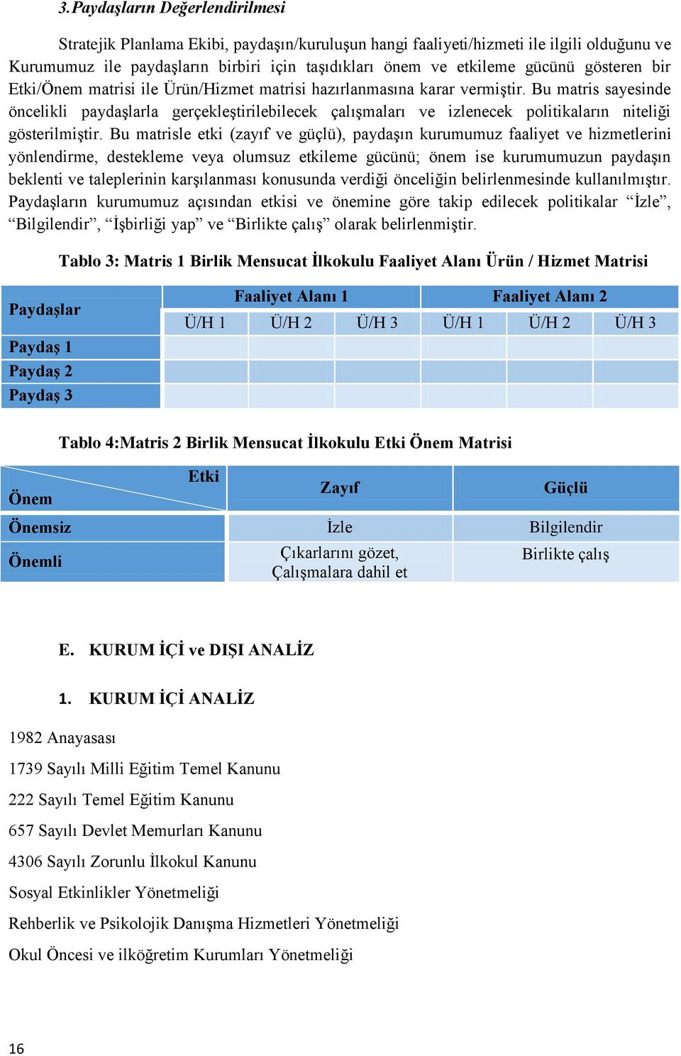 Bu matris sayesinde öncelikli paydaşlarla gerçekleştirilebilecek çalışmaları ve izlenecek politikaların niteliği gösterilmiştir.