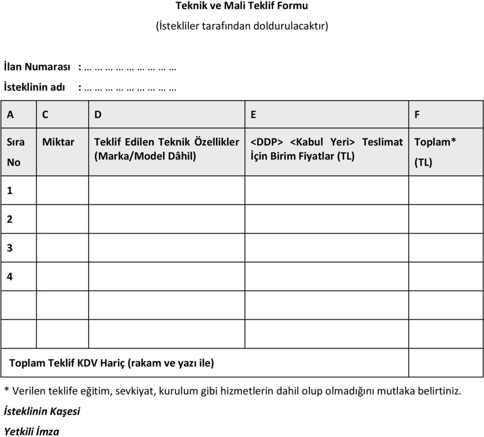 Birim Fiyatlar (TL) Toplam* (TL) 1 2 3 4 Toplam Teklif KDV Hariç (rakam ve yazı ile) * Verilen teklife