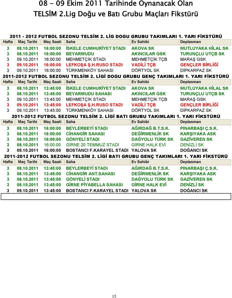 H.RUSO STADI VADİLİ TÇB GENÇLER BİRLİĞİ 3 09.10.2011 16:00:00 TÜRKMENKÖY SAHASI DÖRTYOL SK DĠPKARPAZ SK 2011-2012 FUTBOL SEZONU TELSİM 2. LİGİ DOGU GRUBU GENÇ TAKIMLARI 1. YARI FİKSTÜRÜ 3 08.10.2011 13:45:00 İSKELE CUMHURİYET STADI AKOVA SK MUTLUYAKA HİLAL SK 3 08.