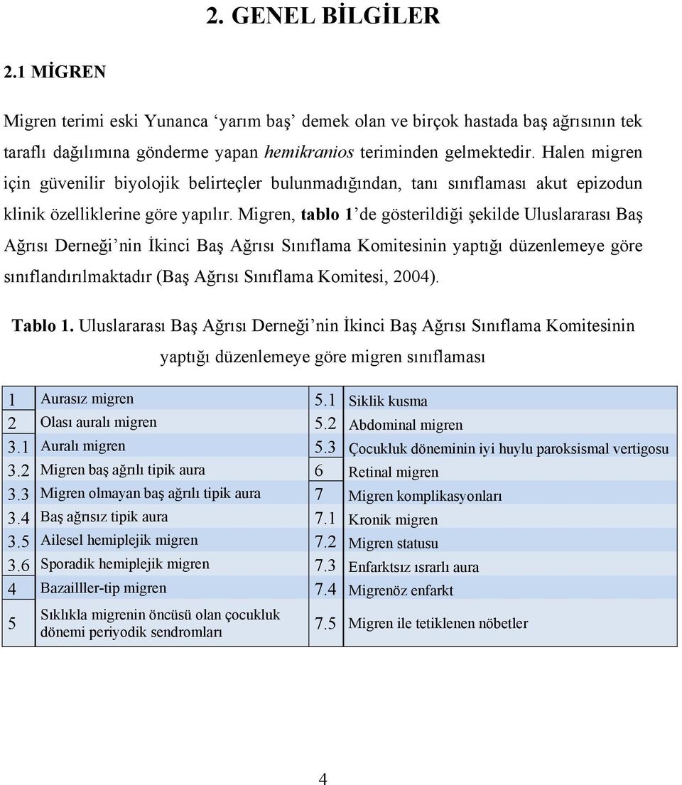 Migren, tablo 1 de gösterildiği şekilde Uluslararası Baş Ağrısı Derneği nin İkinci Baş Ağrısı Sınıflama Komitesinin yaptığı düzenlemeye göre sınıflandırılmaktadır (Baş Ağrısı Sınıflama Komitesi,