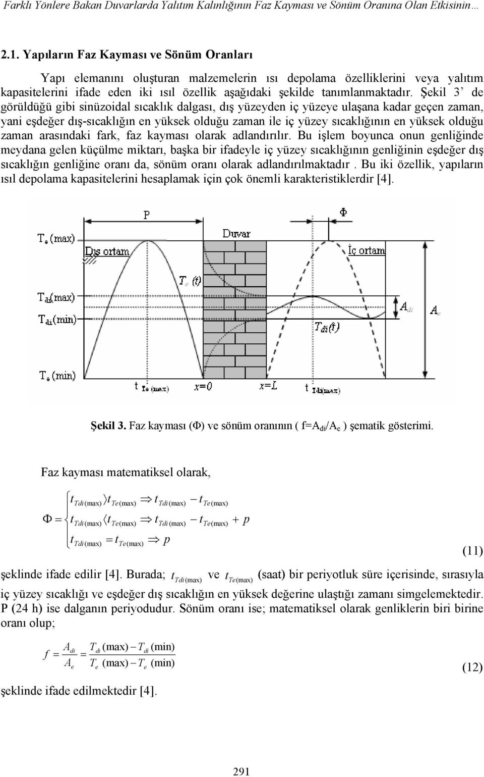 Şekil 3 de görüldüğü gibi sinüzoidal sıcaklık dalgası, dış yüzeyden iç yüzeye ulaşana kadar geçen zaman, yani eşdeğer dış-sıcaklığın en yüksek olduğu zaman ile iç yüzey sıcaklığının en yüksek olduğu