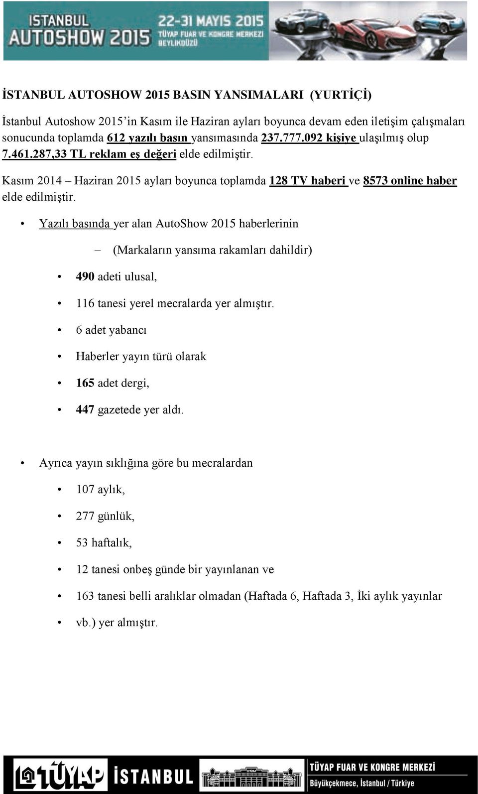 Yazılı basında yer alan AutoShow 2015 haberlerinin (Markaların yansıma rakamları dahildir) 490 adeti ulusal, 116 tanesi yerel mecralarda yer almıştır.