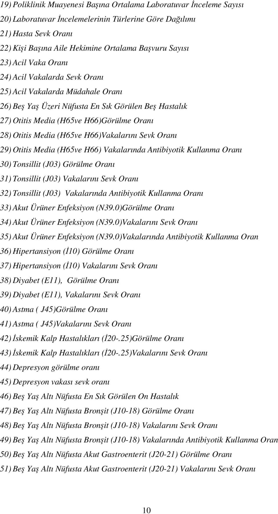 H66)Vakalarını Sevk Oranı 29) Otitis Media (H65ve H66) Vakalarında Antibiyotik Kullanma Oranı 30) Tonsillit (J03) Görülme Oranı 31) Tonsillit (J03) Vakalarını Sevk Oranı 32) Tonsillit (J03)