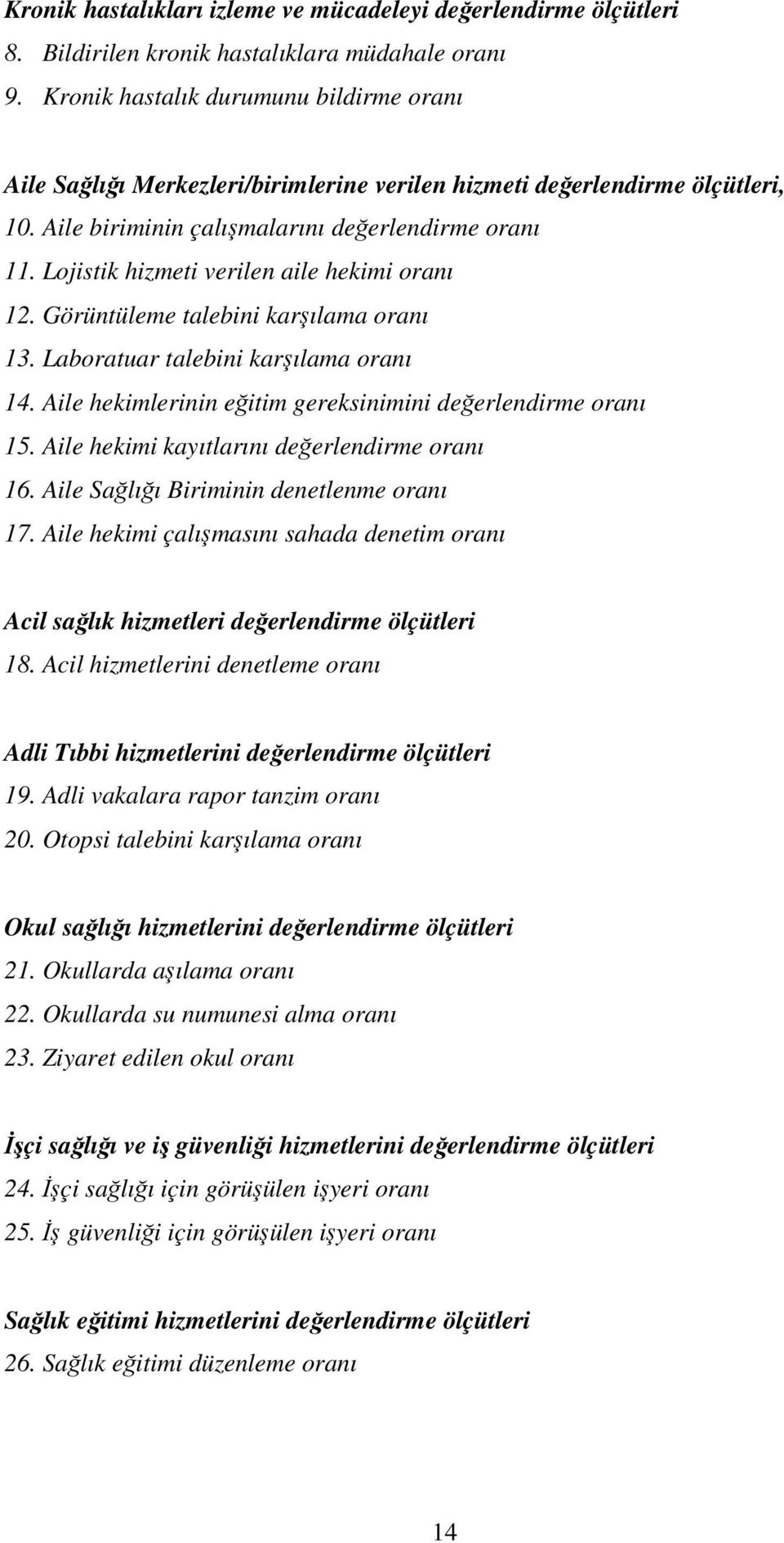 Lojistik hizmeti verilen aile hekimi oranı 12. Görüntüleme talebini karılama oranı 13. Laboratuar talebini karılama oranı 14. Aile hekimlerinin eitim gereksinimini deerlendirme oranı 15.