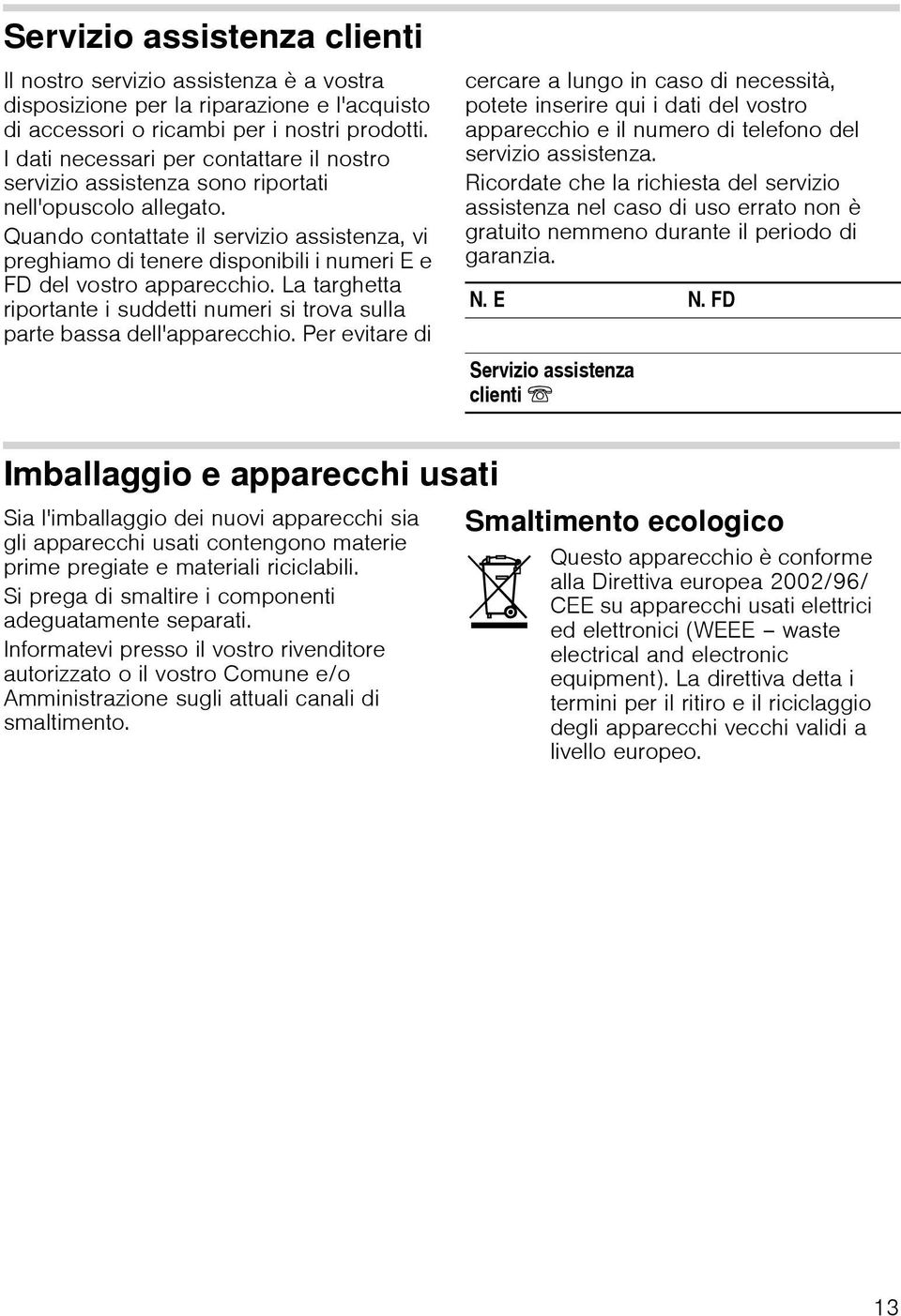 Quando contattate il servizio assistenza, vi preghiamo di tenere disponibili i numeri E e FD del vostro apparecchio.