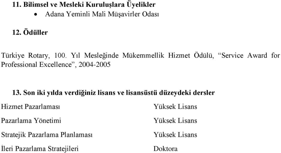 Yıl Mesleğinde Mükemmellik Hizmet Ödülü, Service Award for Professional Excellence, 2004-2005 13.