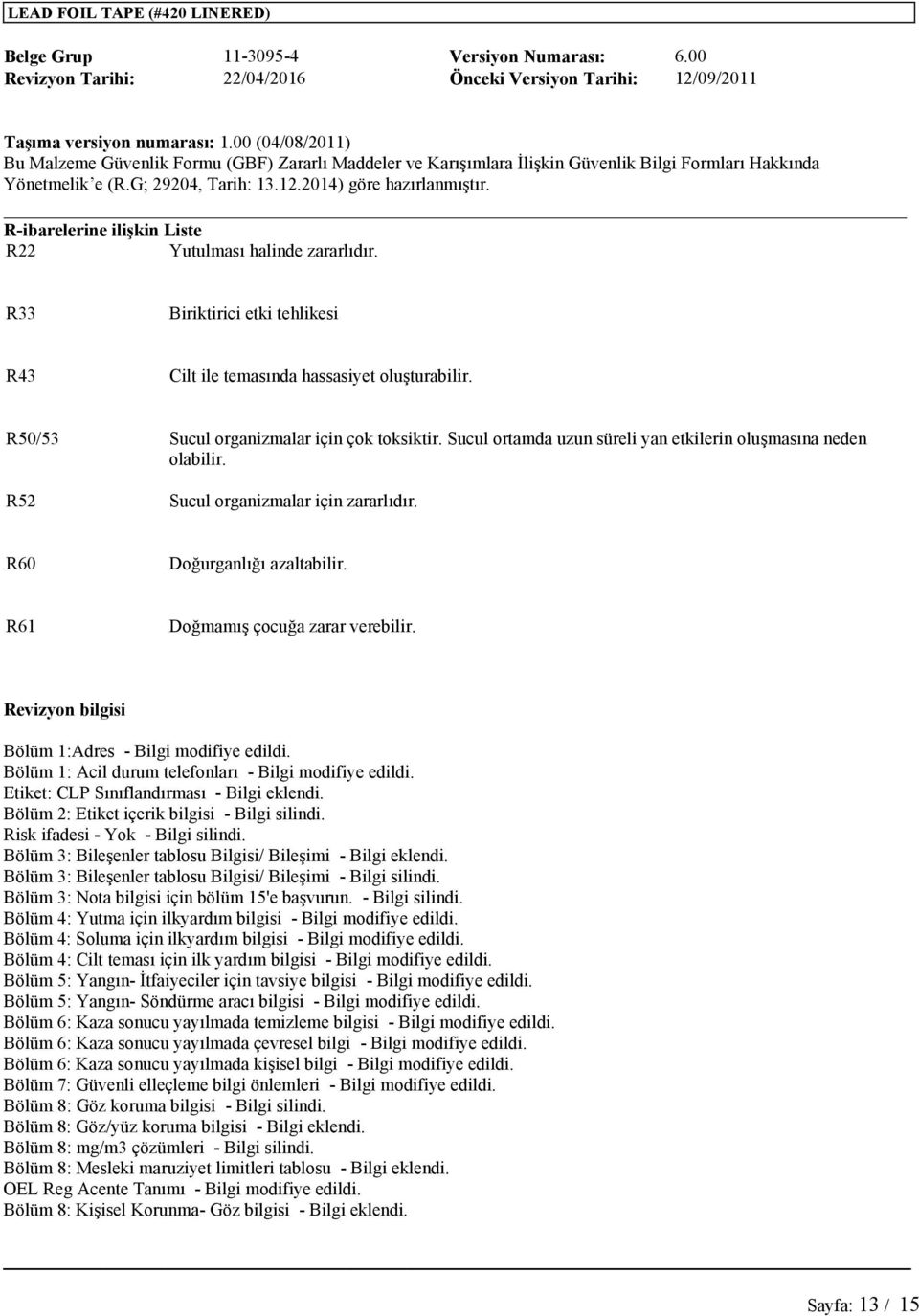 Revizyon bilgisi Bölüm 1:Adres - Bilgi modifiye edildi. Bölüm 1: Acil durum telefonları - Bilgi modifiye edildi. Etiket: CLP Sınıflandırması - Bilgi eklendi.