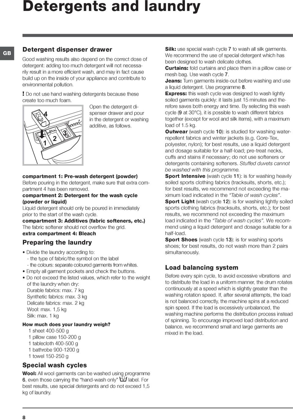 Open the detergent dispenser drawer and pour 4 in the detergent or washing additive, as follows.