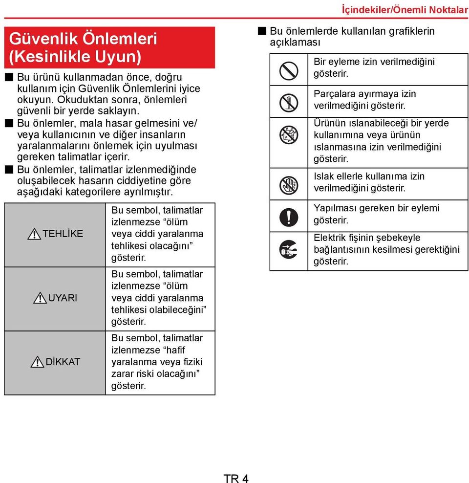 Bu önlemler, talimatlar izlenmediğinde oluşabilecek hasarın ciddiyetine göre aşağıdaki kategorilere ayrılmıştır.