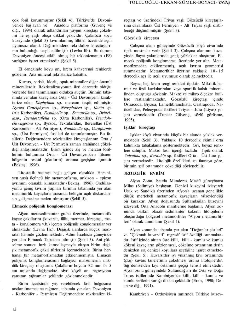 Çakırözü köyü kuzeyinde (Şekil 3) kıvıımlanmış fillitler üzerinde açılı uyumsuz olarak Değirmendere rekrislalize kireçtaşlarının bulunduğu tespit edilmiştir (Levha lib).