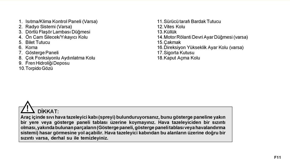 Direksiyon Yükseklik Ayar olu (varsa) 17.Sigorta utusu 18.