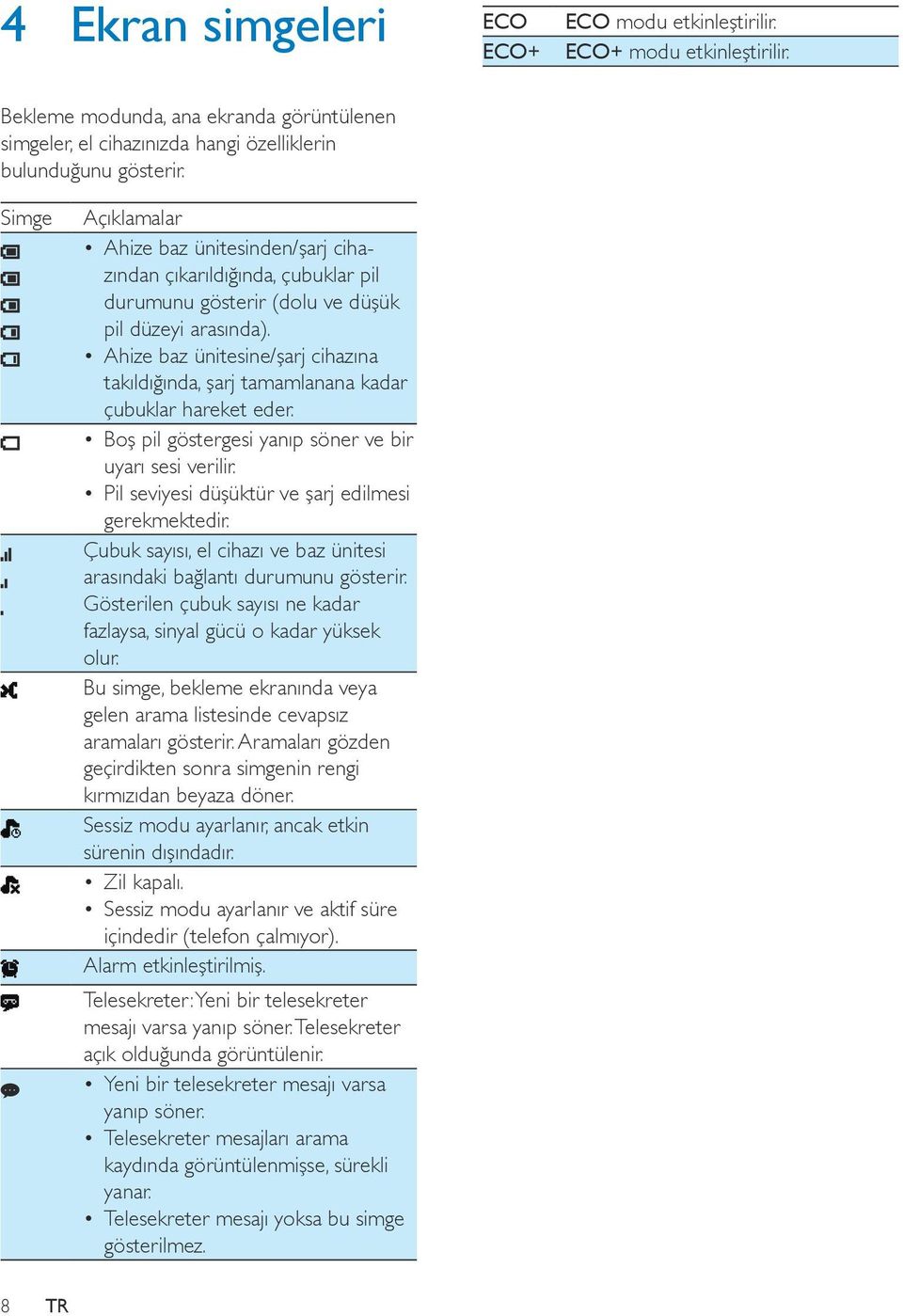 Ahize baz ünitesine/şarj cihazına takıldığında, şarj tamamlanana kadar çubuklar hareket eder. Boş pil göstergesi yanıp söner ve bir uyarı sesi verilir.