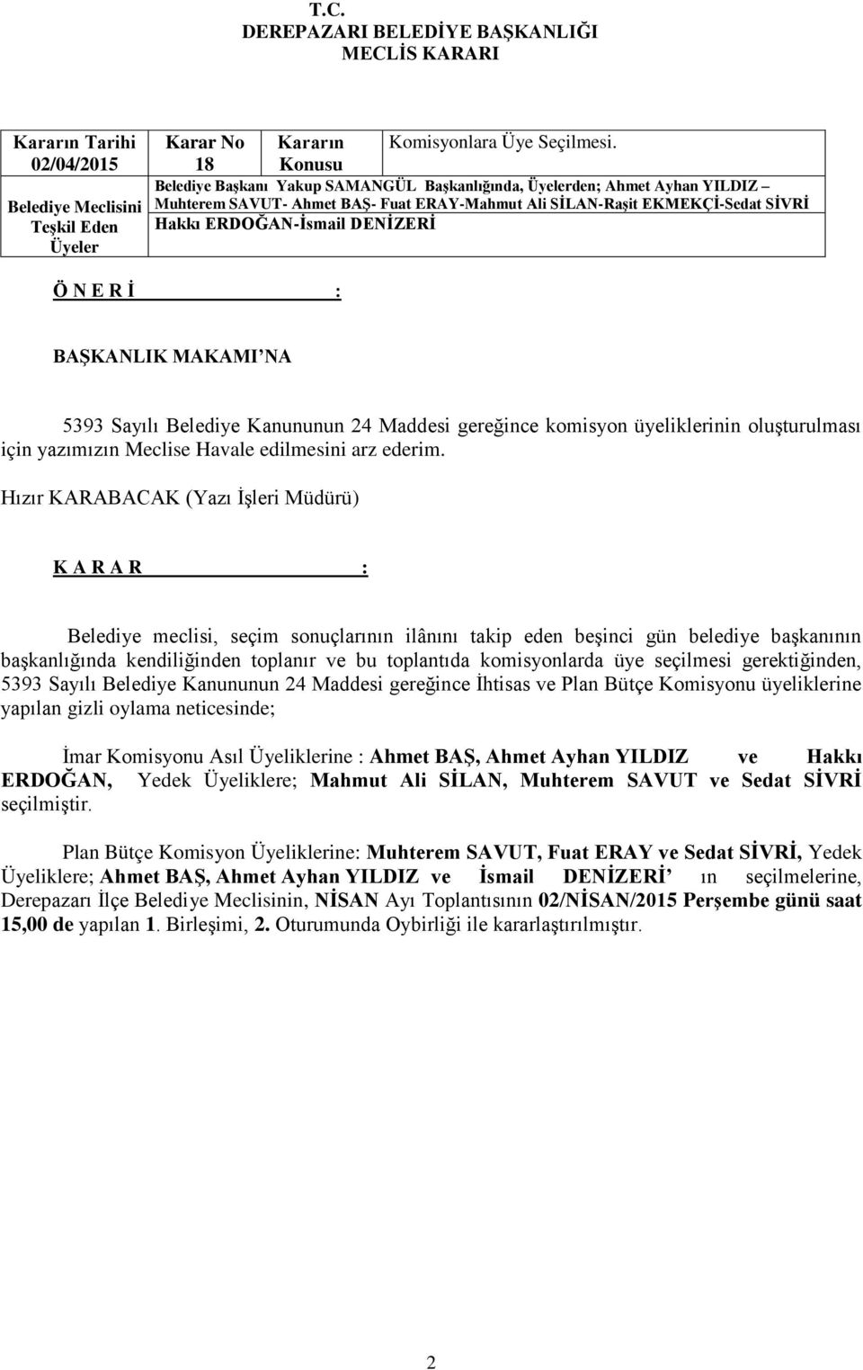 Hızır KARABACAK (Yazı İşleri Müdürü) Belediye meclisi, seçim sonuçlarının ilânını takip eden beşinci gün belediye başkanının başkanlığında kendiliğinden toplanır ve bu toplantıda komisyonlarda üye