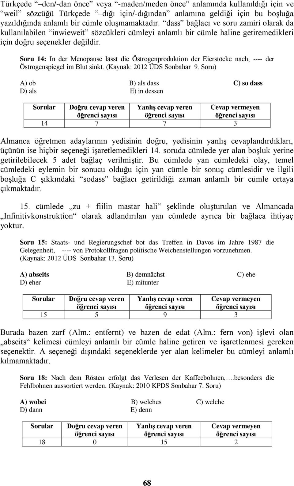 Soru 14: In der Menopause lässt die Östrogenproduktion der Eierstöcke nach, ---- der Östrogenspiegel im Blut sinkt. (Kaynak: 2012 ÜDS Sonbahar 9.