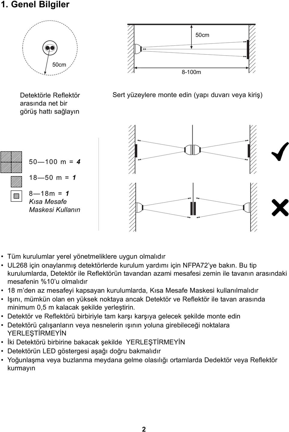 Bu tip kurulumlarda, Detektör ile Reflektörün tavandan azami mesafesi zemin ile tavanın arasındaki mesafenin %10 u olmalıdır 18 m den az mesafeyi kapsayan kurulumlarda, Kısa Mesafe Maskesi