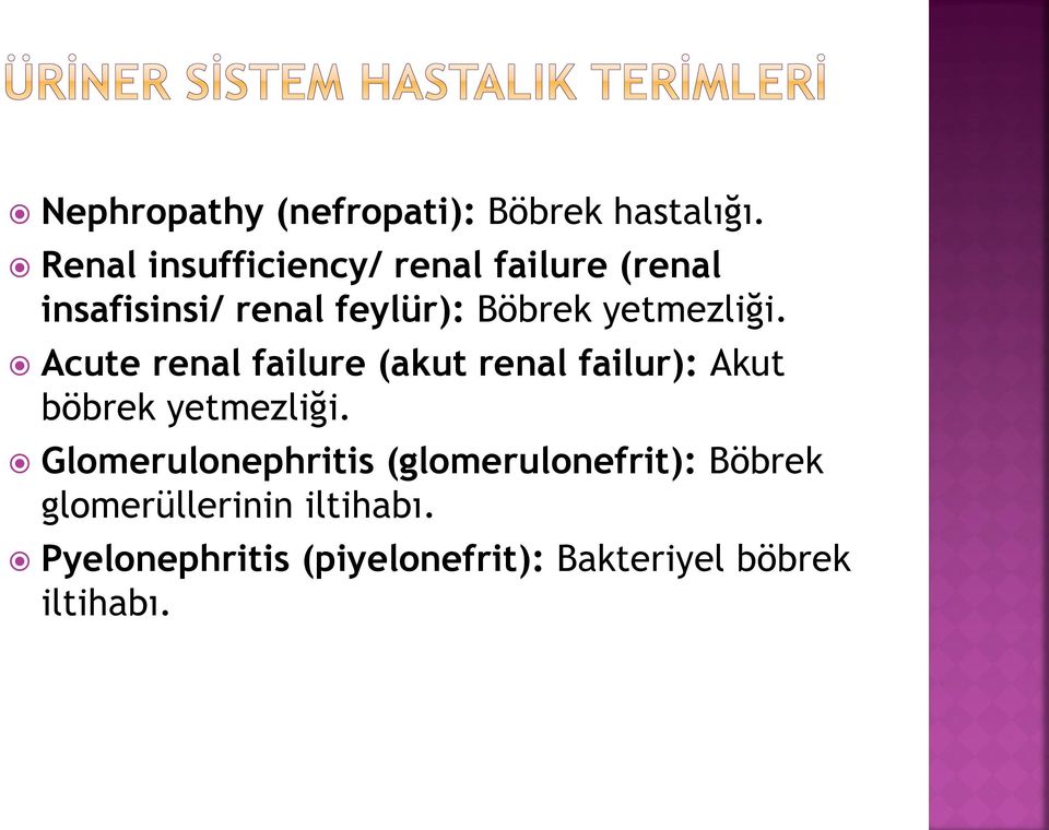 yetmezliği. Acute renal failure (akut renal failur): Akut böbrek yetmezliği.