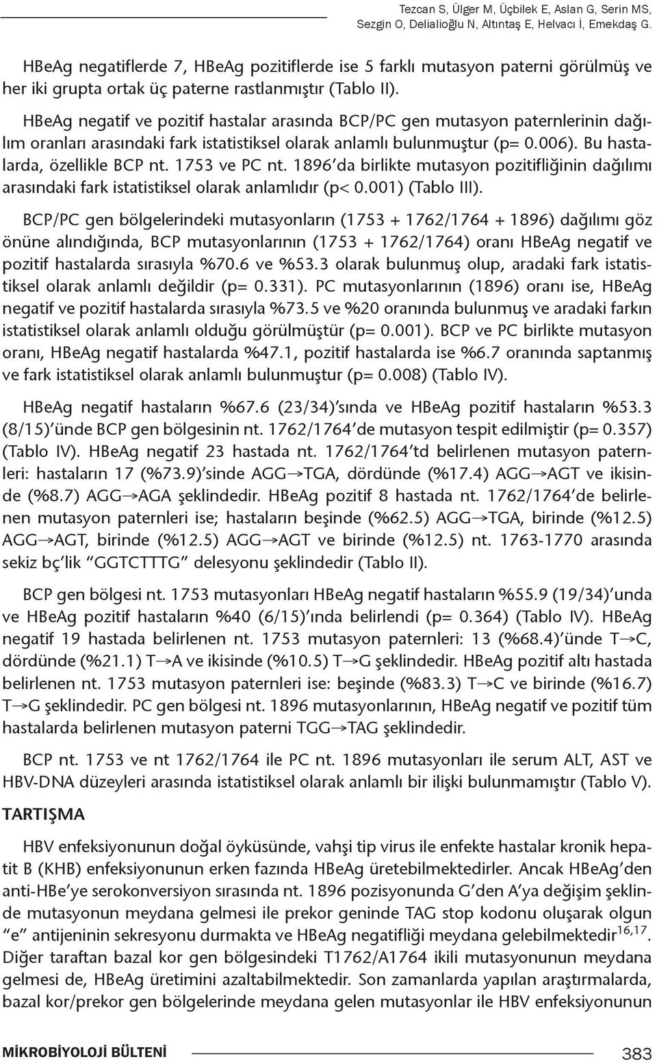 HBeAg negatif ve pozitif hastalar arasında BCP/PC gen mutasyon paternlerinin dağılım oranları arasındaki fark istatistiksel olarak anlamlı bulunmuştur (p= 0.006). Bu hastalarda, özellikle BCP nt.