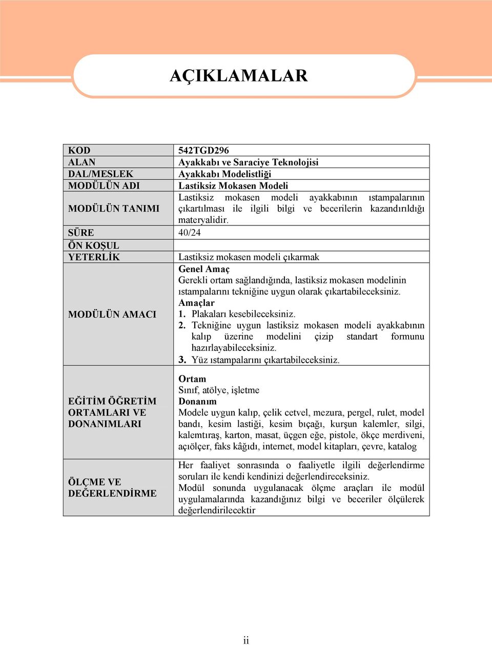 SÜRE 40/24 ÖN KOŞUL YETERLİK Lastiksiz mokasen modeli çıkarmak Genel Amaç Gerekli ortam sağlandığında, lastiksiz mokasen modelinin ıstampalarını tekniğine uygun olarak çıkartabileceksiniz.