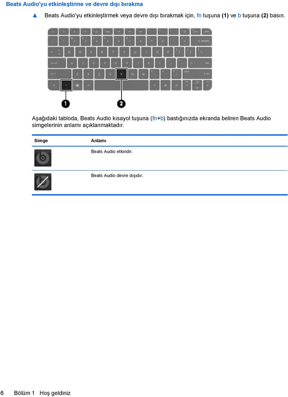 Aşağıdaki tabloda, Beats Audio kısayol tuşuna (fn+b) bastığınızda ekranda beliren Beats