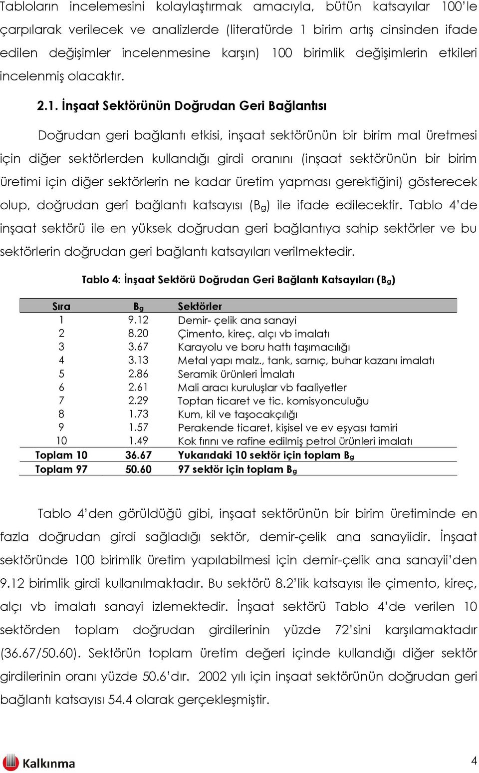 İnşaat Sektörünün Doğrudan Geri Bağlantısı Doğrudan geri bağlantı etkisi, inşaat sektörünün bir birim mal üretmesi için diğer sektörlerden kullandığı girdi oranını (inşaat sektörünün bir birim