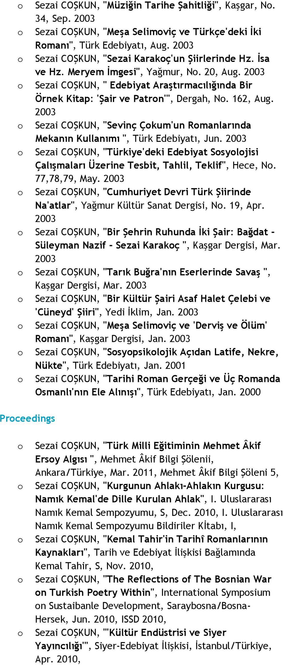 2003 Sezai COŞKUN, "Sevinç Çkum'un Rmanlarında Mekanın Kullanımı ", Türk Edebiyatı, Jun. 2003 Sezai COŞKUN, "Türkiye'deki Edebiyat Ssyljisi Çalışmaları Üzerine Tesbit, Tahlil, Teklif", Hece, N.