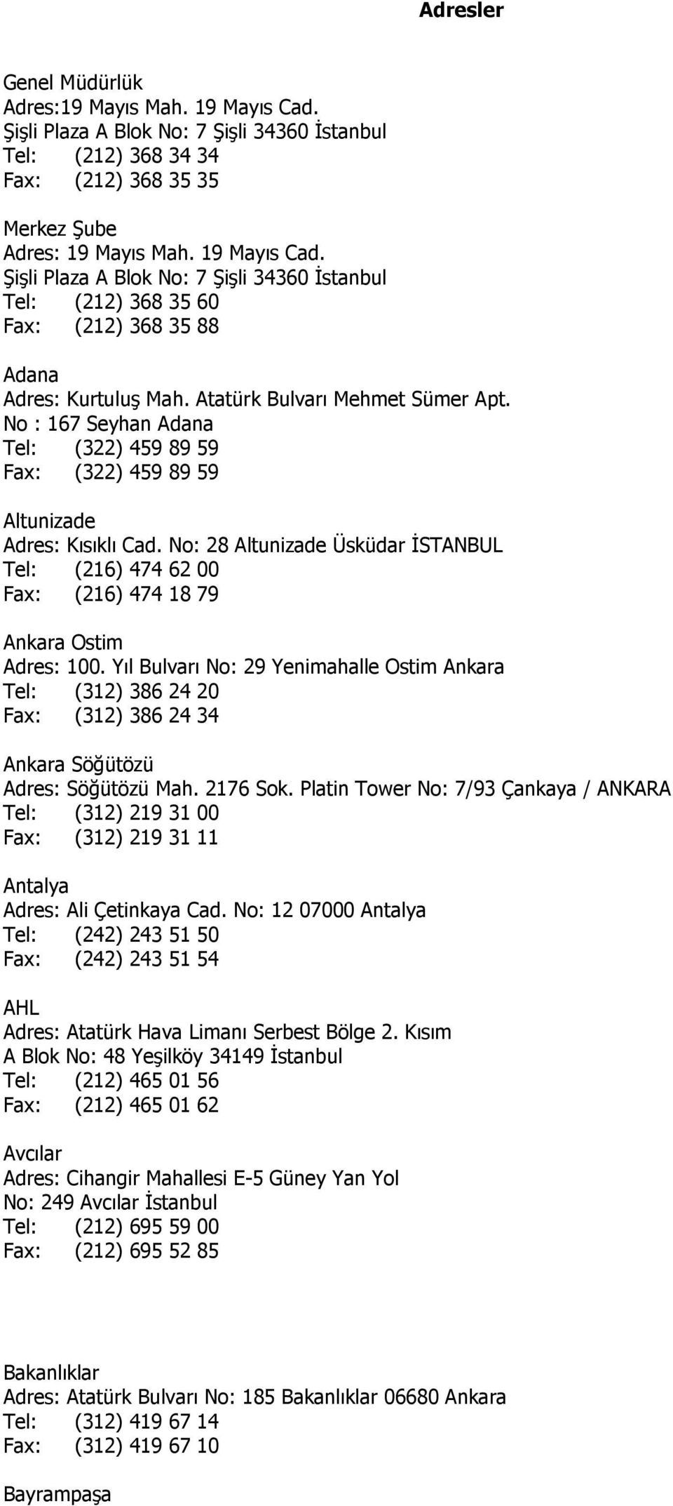 No: 28 Altunizade Üsküdar İSTANBUL Tel: (216) 474 62 00 Fax: (216) 474 18 79 Ankara Ostim Adres: 100.