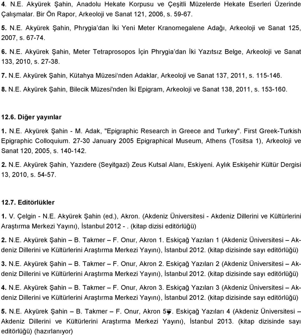 115-146. 8. N.E. Akyürek Şahin, Bilecik Müzesi'nden İki Epigram, Arkeoloji ve Sanat 138, 2011, s. 153-160. 12.6. Diğer yayınlar 1. N.E. Akyürek Şahin - M.