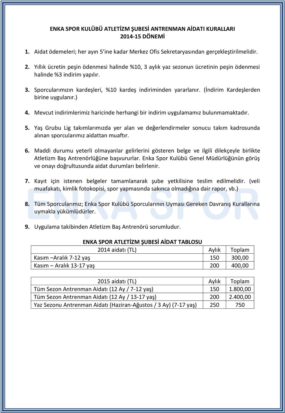 Yaş Grubu Lig takımlarımızda yer alan ve değerlendirmeler sonucu takım kadrosunda alınan sporcularımız aidattan muaftır. 6.