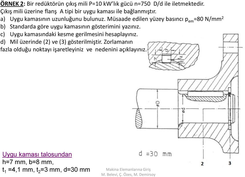 Müsaade edilen yüzey basıncı p em =80 N/mm b) Standarda göre uygu kamasının gösterimini yazınız.