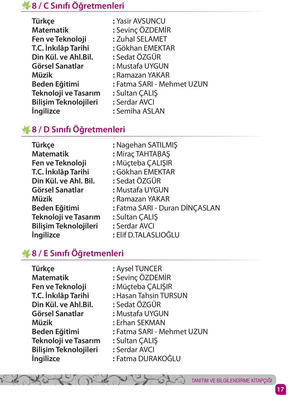 YAKAR : Fatma SARI - Mehmet UZUN : Sultan ÇALIŞ : Serdar AVCI : Semiha ASLAN 8 / D Sınıfı Öğretmenleri Türkçe Matematik Fen ve Teknoloji T.C. İnkılâp Tarihi Din Kül. ve Ahl. Bil.