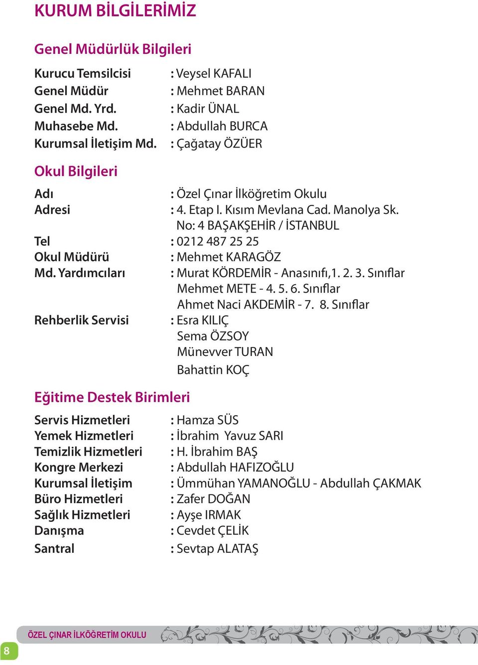 No: 4 BAŞAKŞEHİR / İSTANBUL Tel : 0212 487 25 25 Okul Müdürü : Mehmet KARAGÖZ Md. Yardımcıları : Murat KÖRDEMİR - Anasınıfı,1. 2. 3. Sınıflar Mehmet METE - 4. 5. 6. Sınıflar Ahmet Naci AKDEMİR - 7. 8.